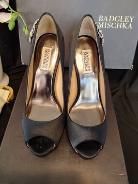 Badgley Mischka Black Satin Peep-Toe Heels with Crystal Brooch